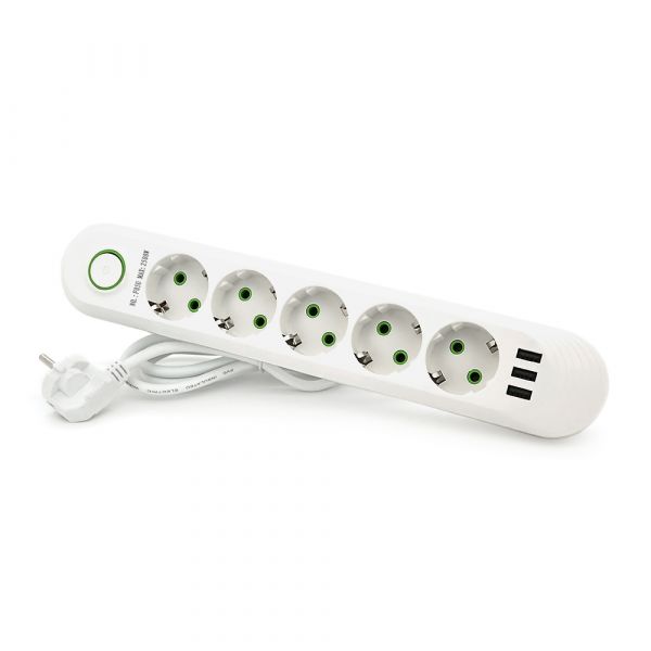
					Мережевий фільтр F05U, 5 розеток EU + 3 USB, 1.5 м, перетин 3х0, 75мм, 2500W, White, Box