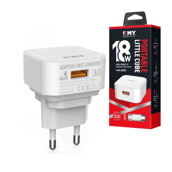 
					Набір 2 в 1 СЗУ With Iphone Cable 110-240V MY-A302Q, 1 x USB, 18W, Output: DC 3.6-6V / 3A 6-9V / 2A 9-12V / 1.5A, White, Blister- box, Q25