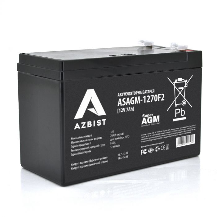 
					Аккумулятор AZBIST Super AGM ASAGM-1270F2, Black Case, 12V 7.0Ah (151 х 65 х 94 (100)) Q10
