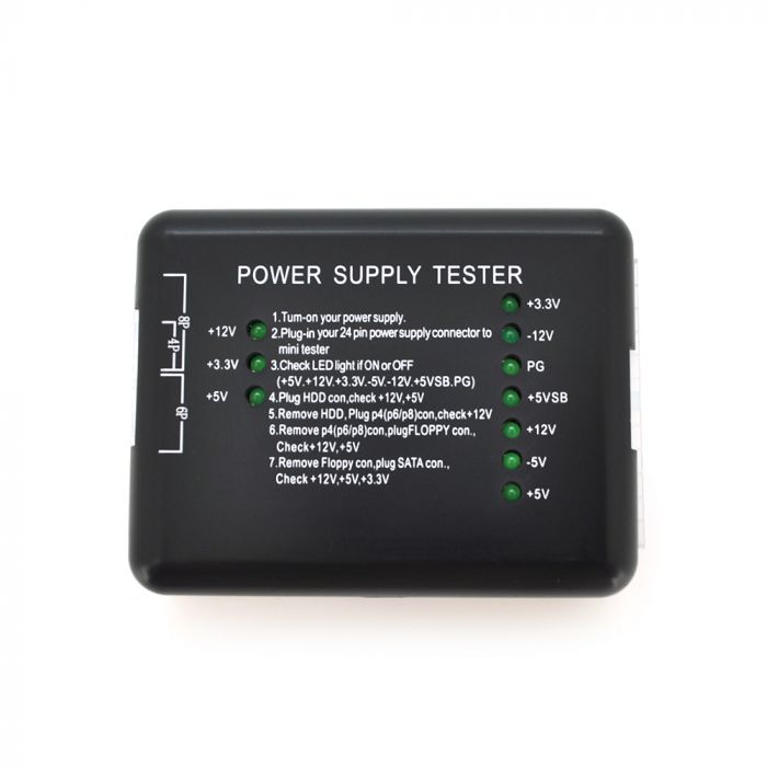 
					Тестер для діагностики блоку живлення 4pin / 6pin / 8pin / 20pin / 24pin / Floppy / SATA, Blister