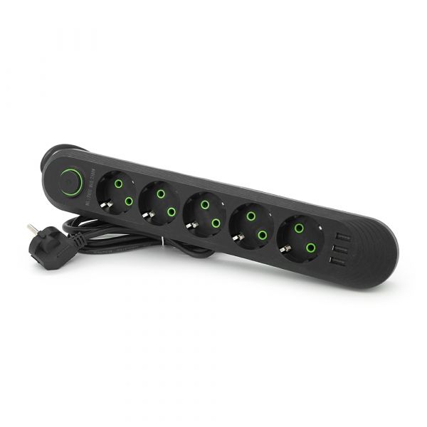 
					Мережевий фільтр F05U, 5 розеток EU + 3 USB, 1.5 м, перетин 3х0, 75мм, 2500W, Black, Box