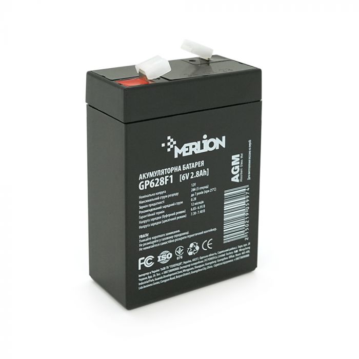 
					Акумуляторна батарея MERLION AGM GP628F1 6 V 2,8Ah ( 67 x 35 x 100 (105) )  0,57 кг Q20