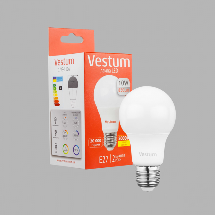 Лампа LED Vestum A60 10W 3000K 220V E27