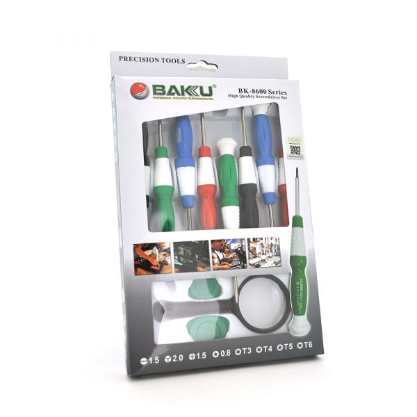 
					Набір інструментів BAKKU BK8600 (Викрутки: T3, T4, T5, T6, "мерс" 2.0, + 1.5, -1.5, * 1.5, 2 медіатора і лупа), Blister-box