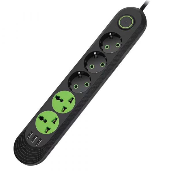 
					Мережевий фільтр F02U, 3 розетки EU + 2 розетки Universal + 3 USB, 1.5 м, перетин 3х0, 75мм, 2500W, Black, Box