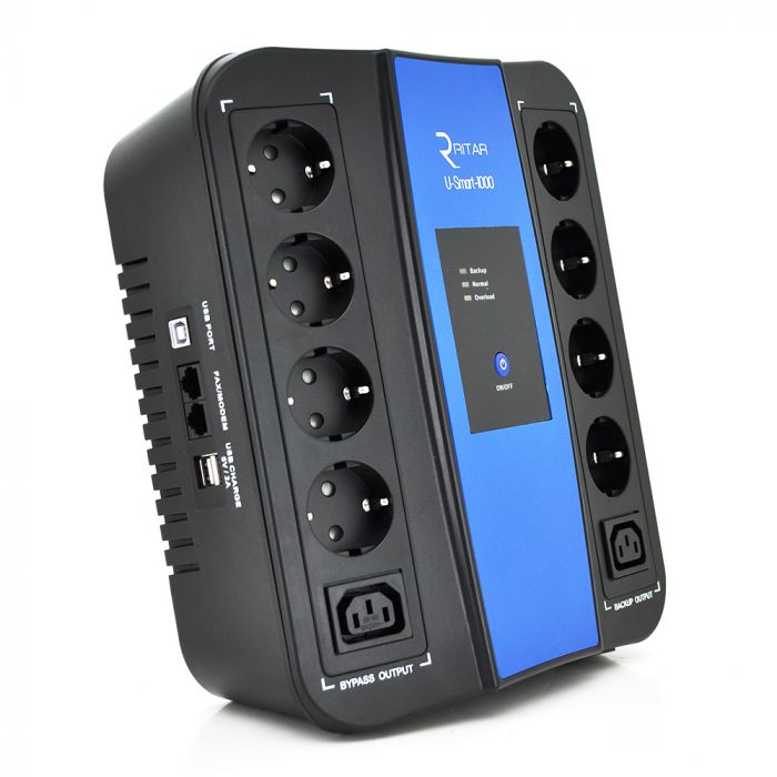 
					ДБЖ Ritar U-Smart-1000  (600W), LED, AVR, 3st, 8xSCHUKO socket, 1x12V9Ah, USB x2, RJ45, plastik Case