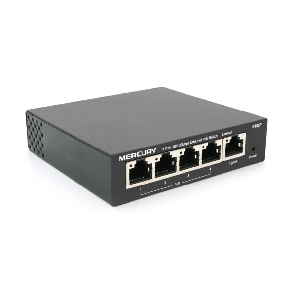 
					Комутатор POE 48V Mercury S105P 48V 5 портів Ethernet 10/100 Мбіт / сек, БП в комплекті, BOX Q200