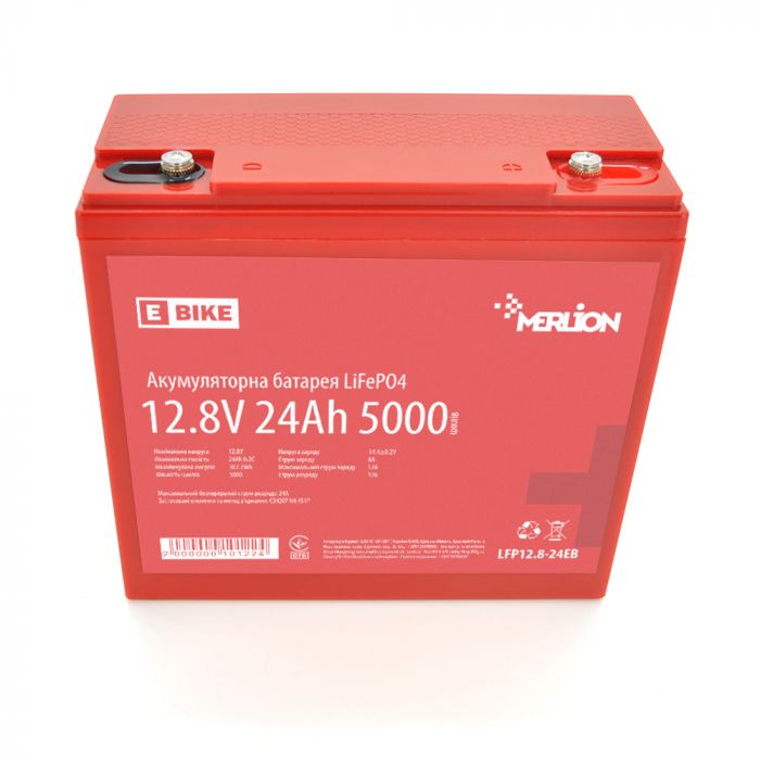 
					Літій-залізо-фосфатний акумулятор Merlion LiFePO4 12.8V 24AH (166x77x167) для електротранспорту, 3000 циклів