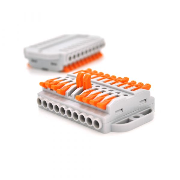 
					Клемна колодка з нажимними зажимами 10-дротова WAGO K223-10P для розподільчих коробок, 10-pin, сіра