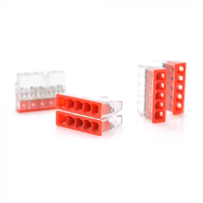 
					Самозажимна 5-дротова клема WAGO К773-205, 5-pin, прозоро-червона