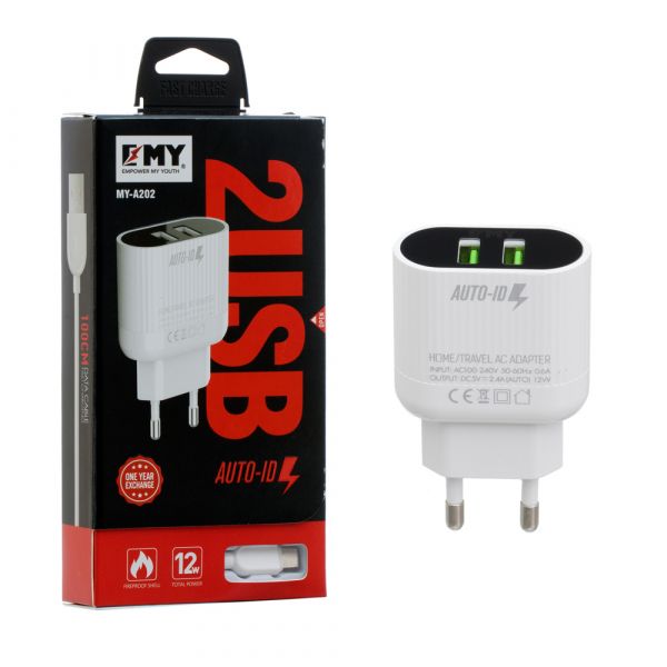 
					Набір 2 в 1 СЗУ With Micro-Usb Cable 110-240V MY-A202, 2 x USB, 5V / 12W, Output: 5V / 2.4A, White, Blister- box, Q25