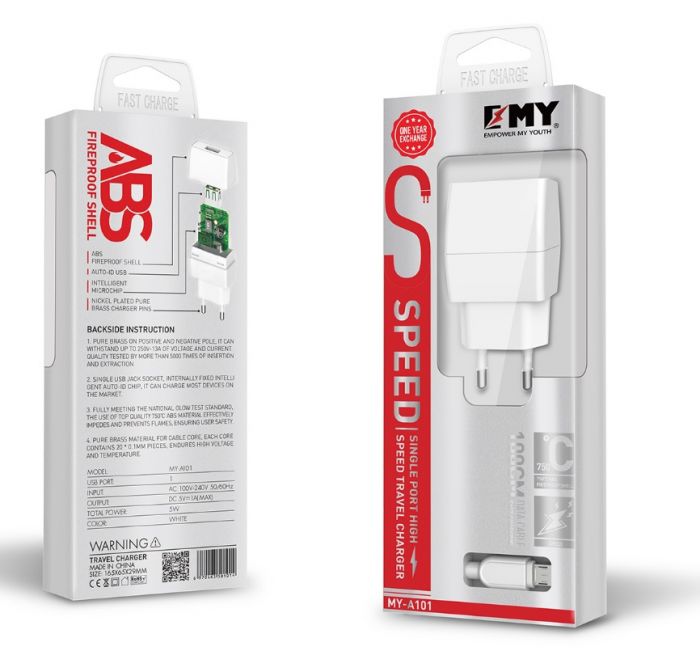 
					Набір 2 в 1 СЗУ With Iphone Cable 110-240V MY-A101, 1 x USB, 5V / 5W, Output: 5V / 1A, White, Blister- box, Q25