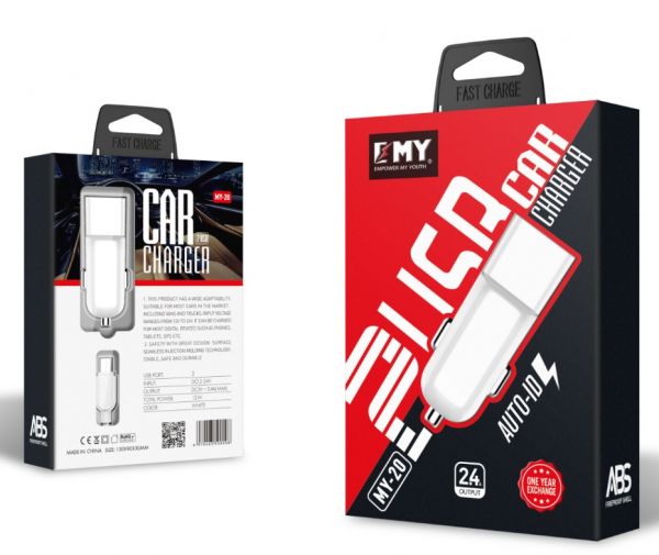 
					Набір 2 в 1 АЗУ With Iphone Cable DC12-24V MY-20, 1 x USB, 5V / 12W, Output: 5V / 2.4A, White, Blister- box