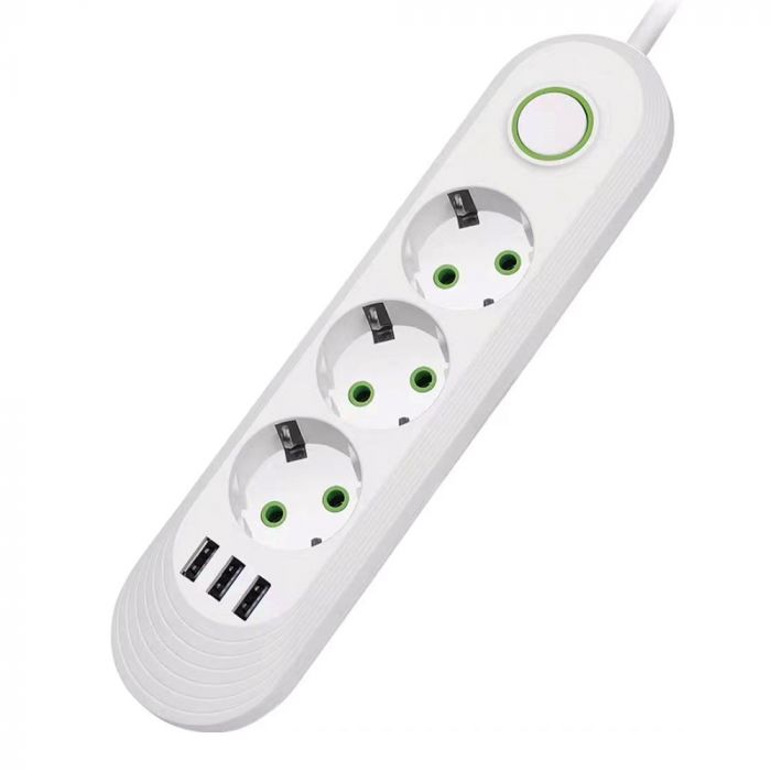 
					Мережевий фільтр F03U, 3 розетки EU + 3 USB, 1.5 м, перетин 3х0, 75мм, 2500W, White, Box