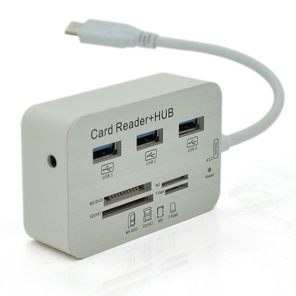 
					Хаб Type-C алюмінієвий, 3 порти USB 3.0 + Card Reader, 20 см, White, Пакет
