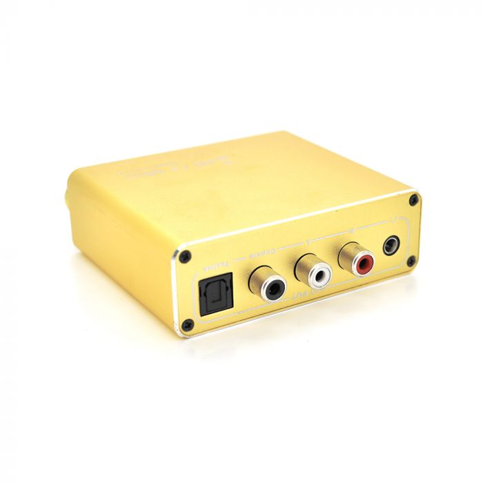 
					Активний конвертер VEGGIEG F102 з цифрового (SPDIF) в аналоговий (RCA) аудіо сигнал, регулювання звуку, Gold