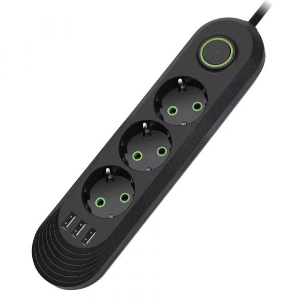 
					Мережевий фільтр F03U, 3 розетки EU + 3 USB, 1.5 м, перетин 3х0, 75мм, 2500W, Black, Box