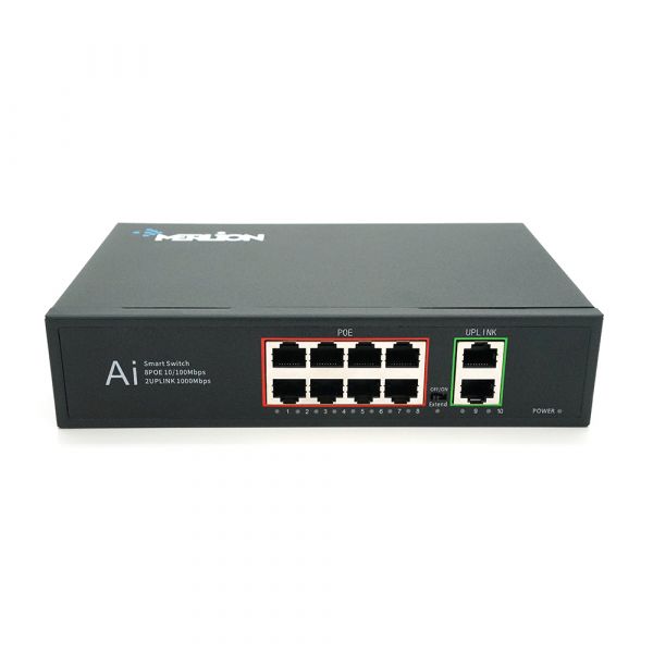 
					POE комутатор Merlion 8 POE 10/100 + 2 RJ45 10/100/1000 + вбудований блок живлення 52V 2.3A