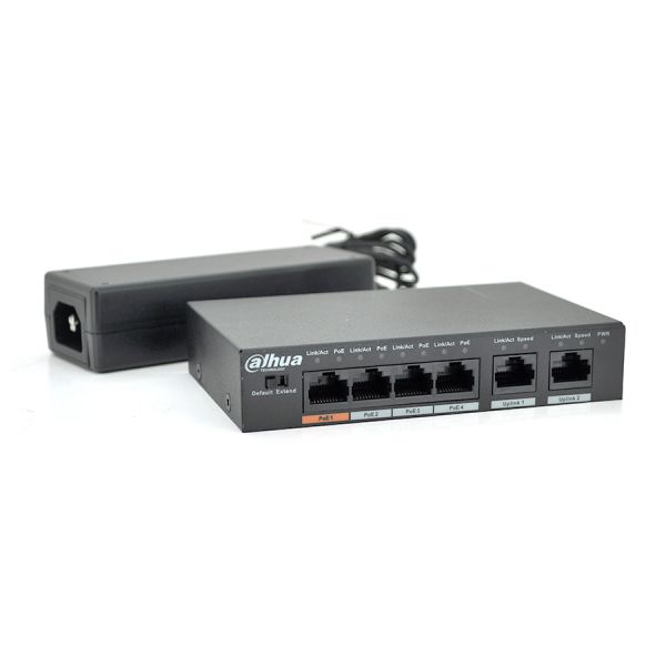 
					Комутатор POE  Dahua DH-PFS3006-4ET-60 з 4 портами POE 100Мбит + 2 порта Ethernet (UP-Link) 100Мбит, корпус - метал, Black, БП в комплекті