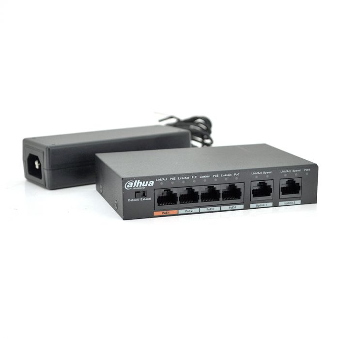 
					Комутатор POE  Dahua DH-PFS3006-4ET-60 з 4 портами POE 100Мбит + 2 порта Ethernet (UP-Link) 100Мбит, корпус - метал, Black, БП в комплекті