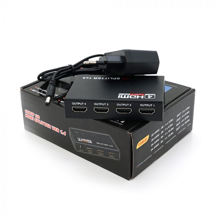 
					Активний HDMI сплитер 1 => 4 порта, 3D, 1080р, 1,4 версія, DC5V/2A Q50, Box