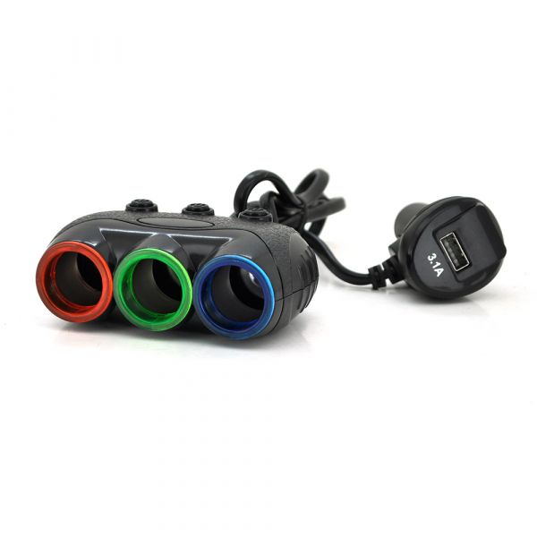 
					АЗП розгалужувач + вольтметр Olesson 1633, 12V-3 * 12V + USB, Black, Blister