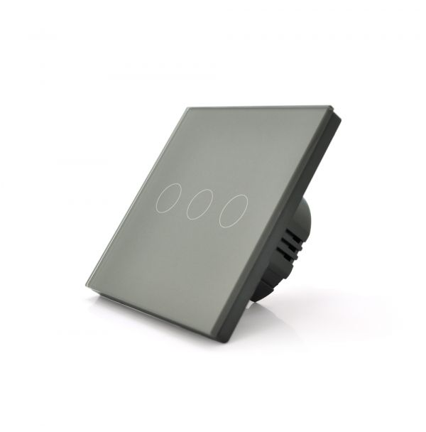 
					Сенсорний вимикач з заземленням + WiFi керування, трьохканальний, gray, 86х86х35мм