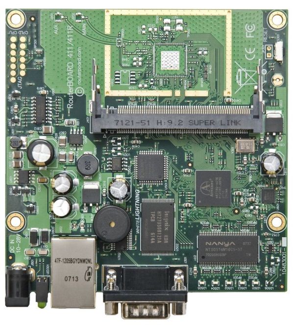 Маршрутизатор MikroTik RB411AH (RouterBOARD 411AH with 680MHz Atheros CPU, 64 MB SDRAM, 1 LAN, 1 miniPCI, 64MB NAND storage with RouterOS Level 4 (Small scale CPE/AP)) (без корпусу, для спецмотажу)