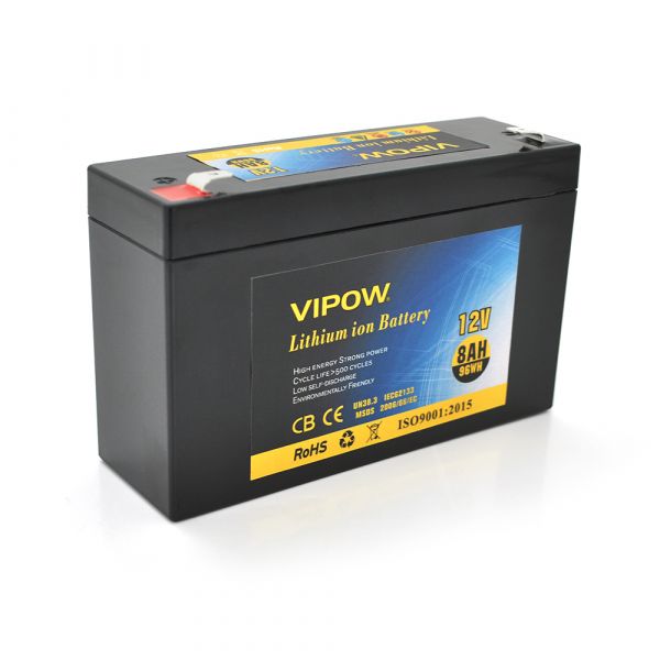 
					Акумуляторна батарея літієва Vipow 12 V 8Ah з елементами Li-ion 18650 з вбудованою ВМS платою, (3S4P) (151х50х94(100))мм, Q20