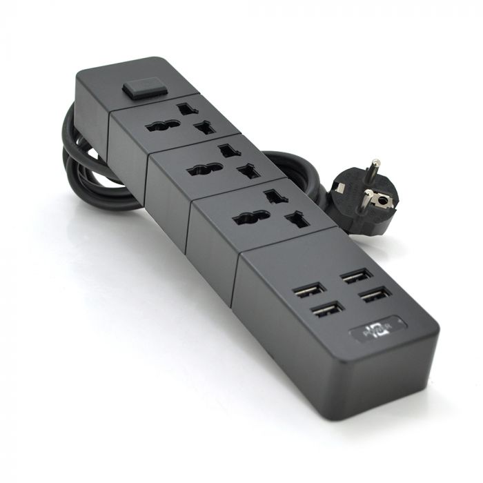 
					Мережевий фільтр ТВ-Т08, 3 розетки + 4 USB, 2 м, перетин 3х0,75мм, 2500W, Black, Box