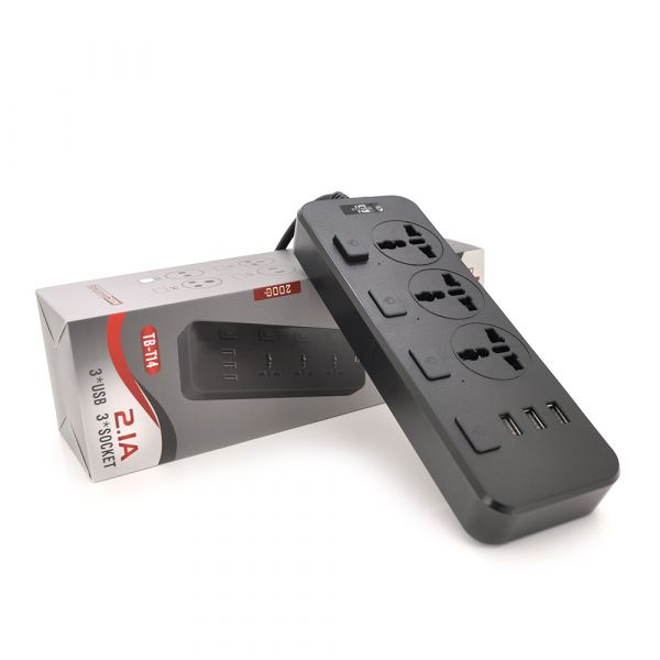 
					Мережевий фільтр ТВ-Т14, 3 розетки + 3 USB, з перемикачем на кожну розетку, 2 м, перетин 3х0,75мм, 2500W, Black, Box
