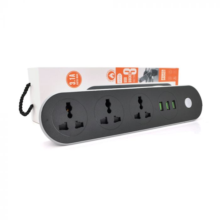 
					Мережевий фільтр ТВ-Т56, 3 розетки + 3 USB, 2 м, перетин 3х0,75мм, 2500W, Black, Box