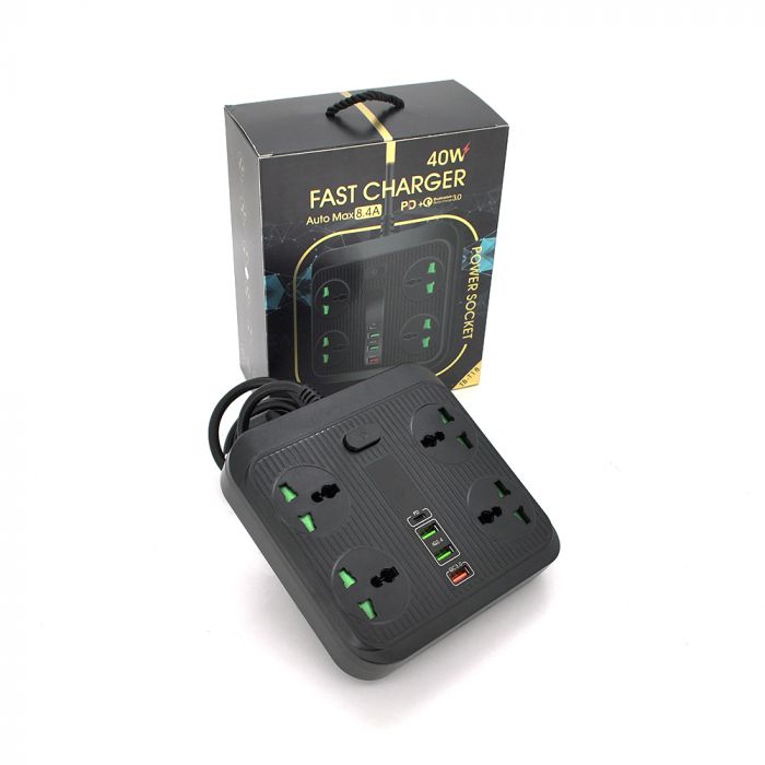 
					Мережевий фільтр TB-Т18, 4 розетки + 2 USB + PD, 2 м, перетин 3х0,75мм, 3000W, Black, Box