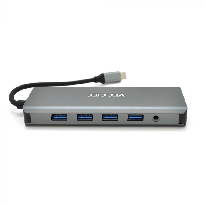 
					Хаб-конвертор VEGGIEG TC12 Type-C (тато) на Type-C (мама) + USB3.0*4(мама) + HDMI*2(мама) + VGA(мама) + SD/TF + RJ45, 10 см, Silver, Box