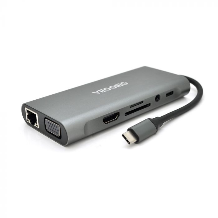 
					Хаб-конвертор VEGGIEG TC11-S Type-C (тато) на Type-C(мама) + USB3.0*3(мама) + HDMI(мама) + jack3.5(мама) + SD/TF + RJ45, 10 см, Silver, Box