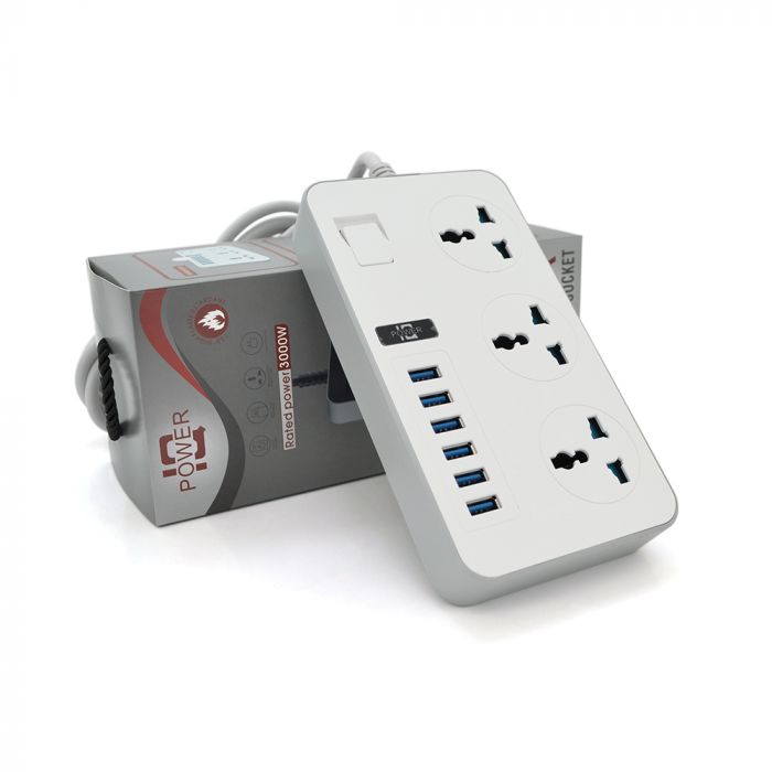 
					Мережевий фільтр ТВ-Т09, 3 розетки + 6 USB, 2 м, перетин 3х0,75мм, 3000W, White-grey, Box