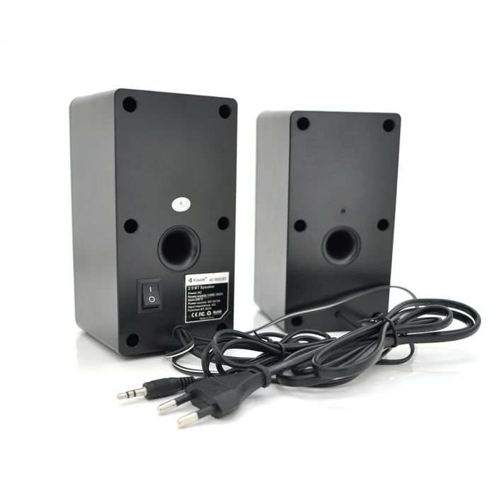 
					Колонки 2.0 Kisonli AС-9002, для ПК і ноутбука, живлення 220V + jack 3.5mm, 2x3W, 20Hz- 20KHz, з вбудованим підсилювачем, bluetooth, Black, BOX, Q30