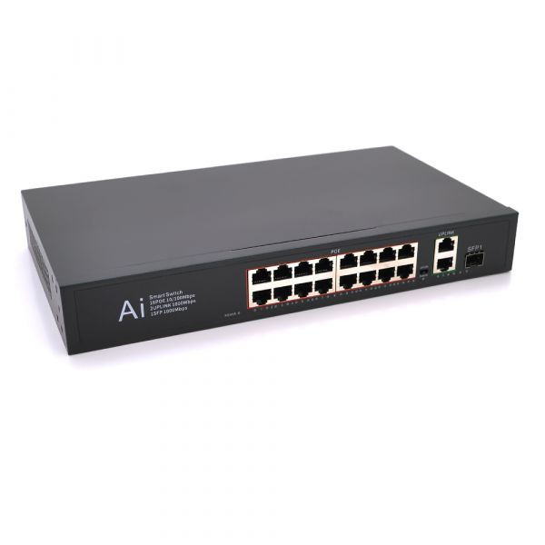 
					POE комутатор Merlion 16 POE 10/100 + 1 Single Fiber Tx 1310nm 20km + 2 RJ45 10/100/1000 + вбудований блок живлення 52V 4.8A