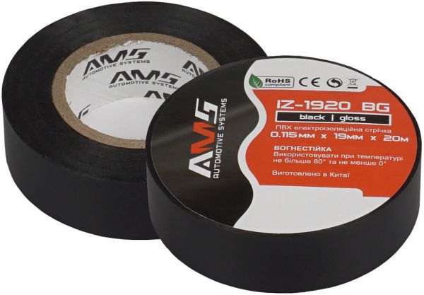 
					Ізолента AMS IZ-1920 BG глянсова 0,115х19мм; 20м чорна ПВХ (0+80 ℃) ціна за 1шт