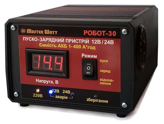 
					Пуско-зарядне ЗУ РОБОТ-30 для акумуляторів 12/24V (1-400Ah) (MF, WET, AGM, GEL, CA/CA), 160-245V, Струм заряду 20А, крокодили в комплекті