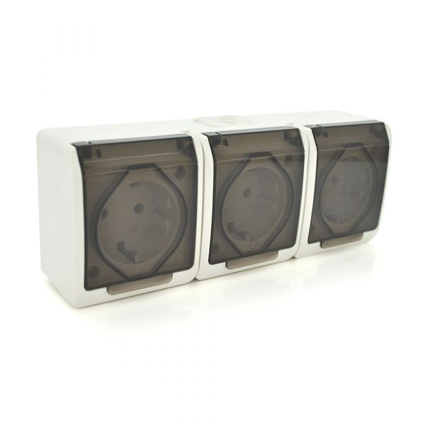 
					Розетка потрійна без заземлення зовнішнього монтажу з кришкою YT165, біла, IP44, Q6