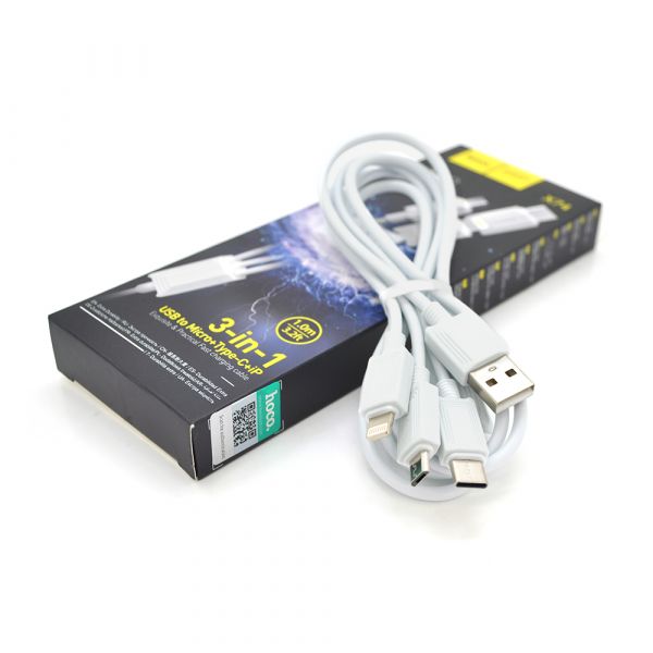 
					Кабель HOCO X74 USB-1 3 in 1 Micro/Iphone/Type-C, 2A, довжина 1м, White, Box