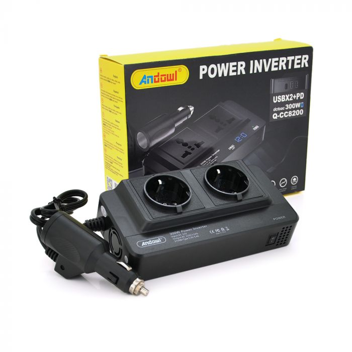 
					Інвертор напруги Q-CC8200 300W, 12/220V, approximated, 2 універсальні розетки+2USB+Type C, Box