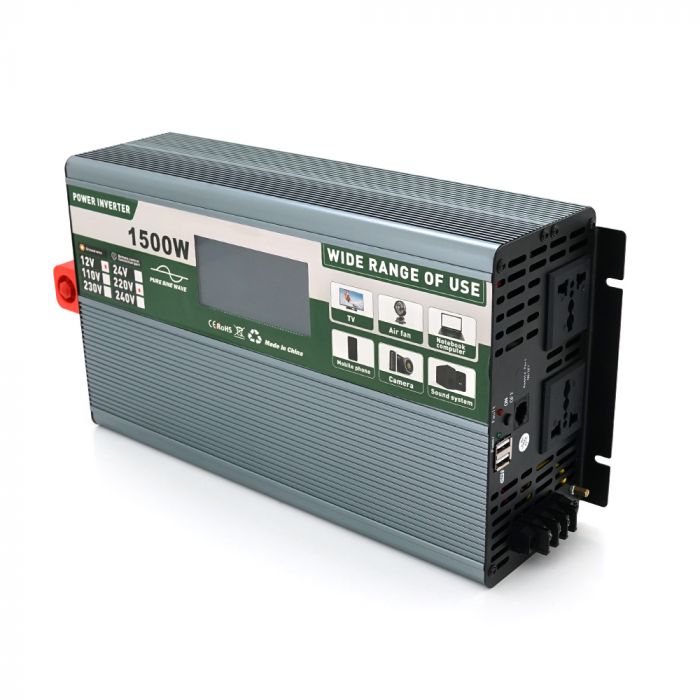 
					Інвертор напруги Demuda DMDPSW-1500W, 12V/220V, 1500W з правильною синусоїдою, 2 універсальні розетки, 2 USB, Rj 45, клемні дроти, Q6