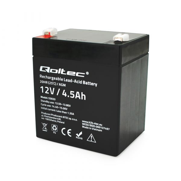 
					Акумуляторна батарея AGM Qoltec QLT1245B, Black Case, 12V 4.5Ah ( 90 х 70 х 101 (107) ) Q10