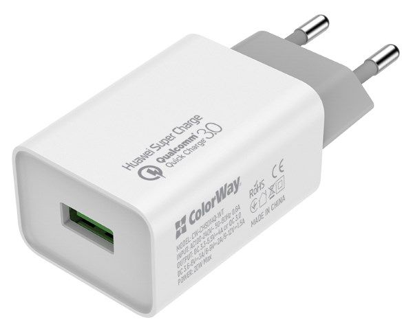 Пристрій зарядний мережевий Colorway 1USB Chip-Huawei Super Charge/Quick Charge 3.0, 4A (20W) білий