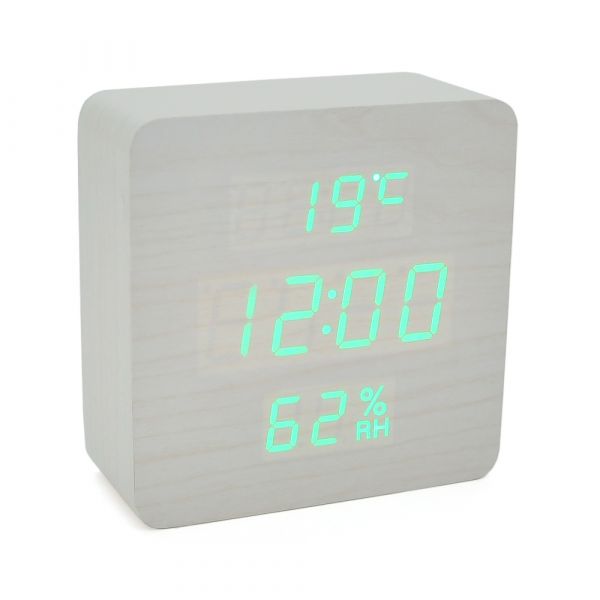 
					Електронний годинник VST-872S Wooden (White), з датчиком температури та вологості, будильник, живлення від кабелю USB, Green Light