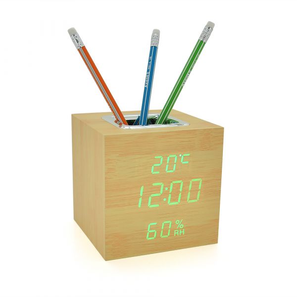 
					Електронний годинник VST-878S Wooden (Yellow), з датчиком температури та вологості, будильник, живлення від кабелю USB, Green Light