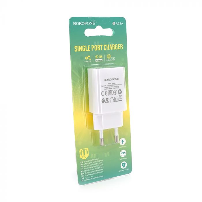 
					СЗУ BOROFONE BA68A 110-240V, 1xUSB, 5V/2,1A, White, Blister-box