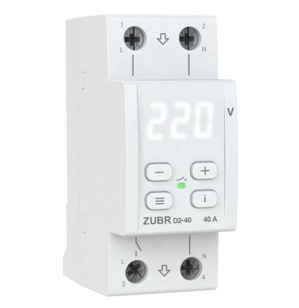 
					Захисне реле напруги однофазне D2-40 на DIN-рейку, 40А, 8800ВА, 120-280В, двомодульне з індикатором напруги (Білий)